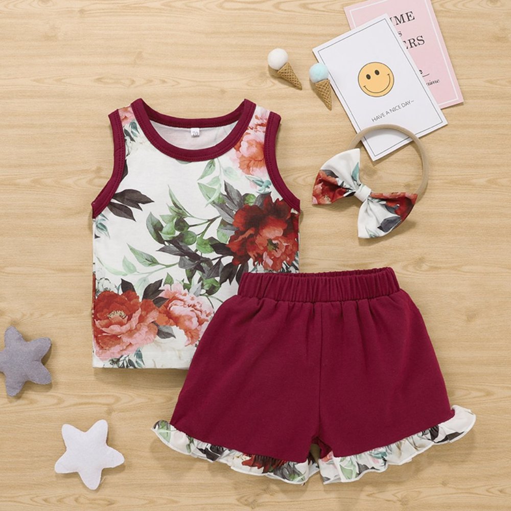 Burgundy Floral Tank Top, Ruffle Shorts & Headband 3pcs Baby Outfit